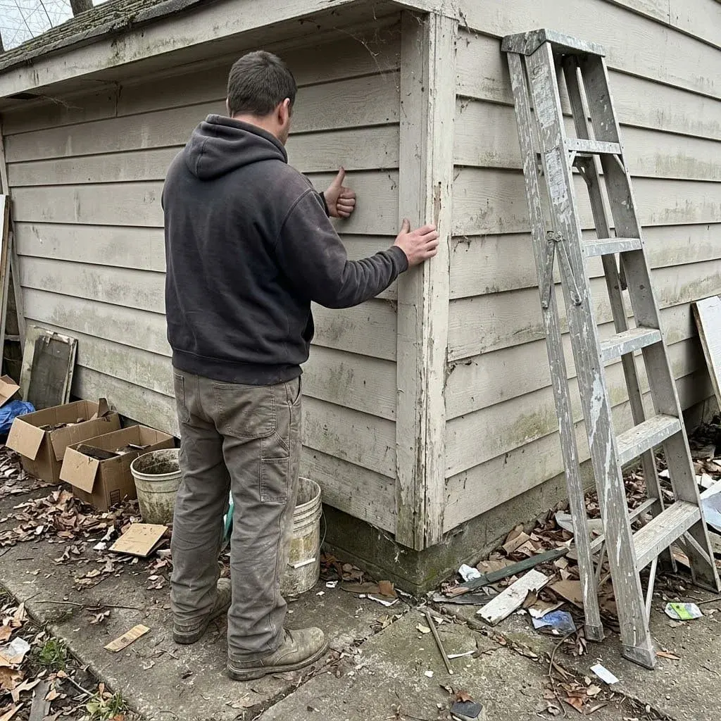 Person inspecting a siding wall with a flashlight and a clipboard