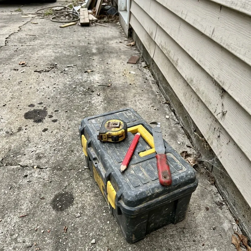 Moisture meter and tape measure against a siding wall