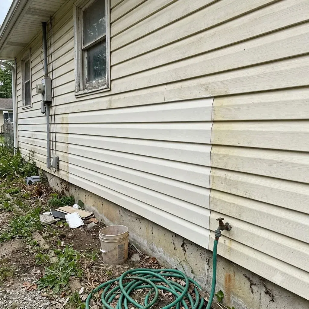 Faded older siding next to a newer panel